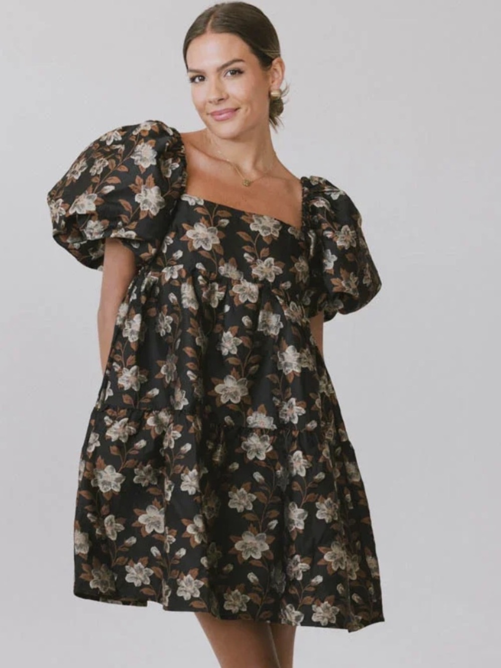bohme Black Floral Puff-Sleeve Mini Moore Floral Babydoll Dress NWT
